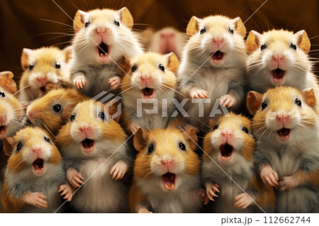AI-generated content. Comical hamsters stand in a group and look with opened mouths 112662744