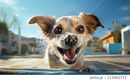 AI-generated content. Funny dog on a street on the background of road and sky 112662755