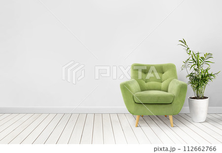 Empty living room wall mockup with green velvet armchair, and palm plant in pot Empty living room wall mockup with green velvet armchair, and palm plant in pot 112662766