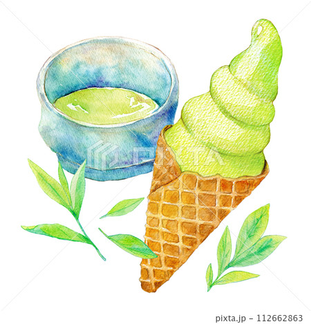 水彩イラスト　抹茶ソフトクリーム 112662863
