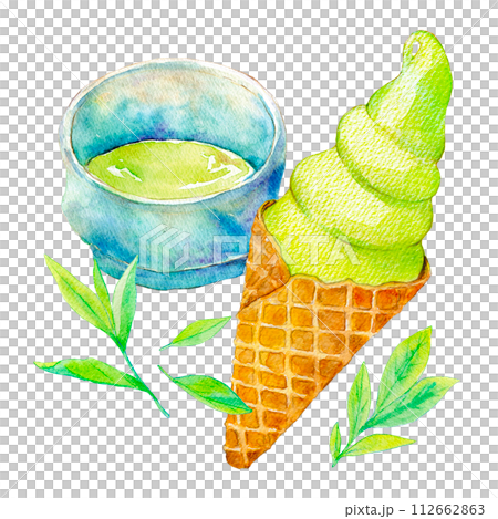 水彩イラスト　抹茶ソフトクリーム 112662863