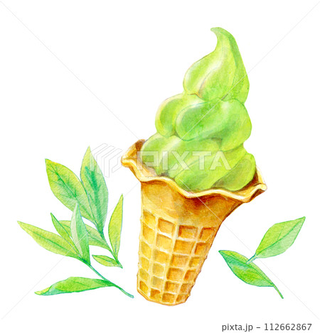 水彩イラスト 抹茶ソフトクリーム 水彩イラスト 抹茶ソフトクリーム 112662867