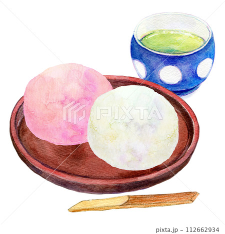 水彩イラスト　紅白まんじゅう　紅白餅 112662934