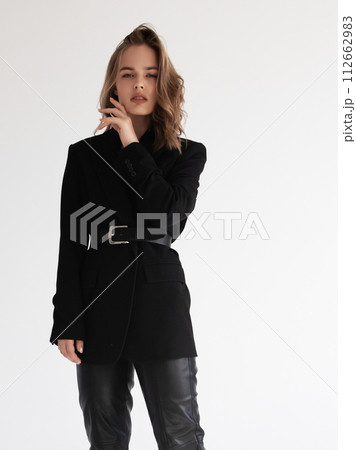 Beauty model woman in Leather pants . Model test 112662983