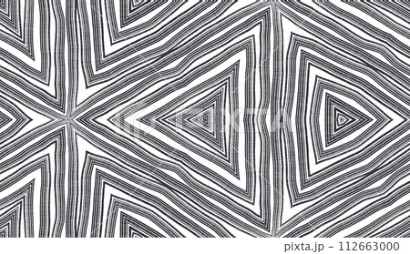 Ikat repeating swimwear design. Black symmetrical kaleidoscope background. Summer ikat sweamwear pattern. Textile ready fresh print, swimwear fabric, wallpaper, wrapping. 112663000