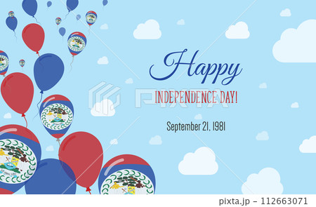 Belize Independence Day Sparkling Patriotic Poster. Row of Balloons in Colors of the Belizean Flag. Greeting Card with National Flags, Blue Skyes and Clouds. Belize Independence Day Sparkling Patriotic Poster. Row of Balloons in Colors of the Belizean Flag. Greeting Card with National Flags, Blue Skyes and Clouds. 112663071
