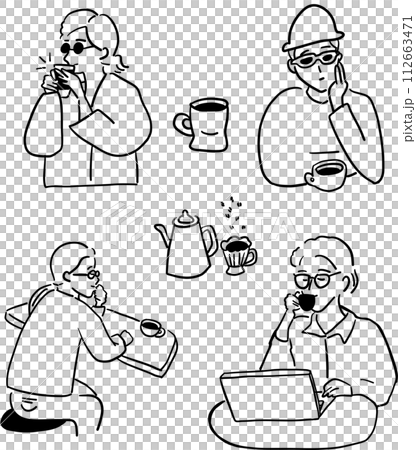 Illustration of various people drinking coffee Illustration of various people drinking coffee 112663471