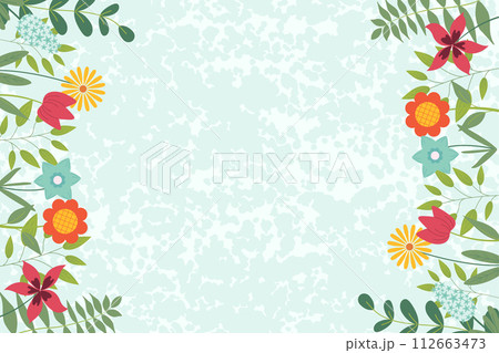 Hand sketched background, vector illustration. Borders with leaves and flowers for greeting card, invitation template in pastel colors with texture on background. Retro, poster, background. Hand sketched background, vector illustration. Borders with leaves and flowers for greeting card, invitation template in pastel colors with texture on background. Retro, poster, background. 112663473