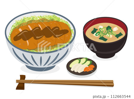 【ベクター】ソースカツ丼とみそ汁・漬物・お箸の定食イラストセット(白バック) 【ベクター】ソースカツ丼とみそ汁・漬物・お箸の定食イラストセット(白バック) 112663544