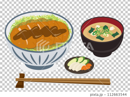 【ベクター】ソースカツ丼とみそ汁・漬物・お箸の定食イラストセット(白バック) 【ベクター】ソースカツ丼とみそ汁・漬物・お箸の定食イラストセット(白バック) 112663544