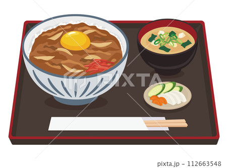 【ベクター】お盆に乗った生卵トッピングのガッツリ牛丼セットのイラスト（みそ汁付き） 112663548
