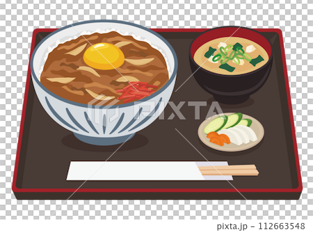 【ベクター】お盆に乗った生卵トッピングのガッツリ牛丼セットのイラスト（みそ汁付き） 112663548