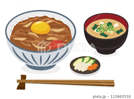 【ベクター】卵トッピングの牛丼とみそ汁・お箸のランチイラストセット（白バック） 112663558