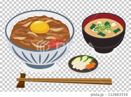 【ベクター】卵トッピングの牛丼とみそ汁・お箸のランチイラストセット（白バック） 112663558