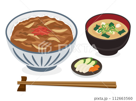 【ベクター】定番牛丼とみそ汁・お箸のランチイラストセット（白バック） 112663560