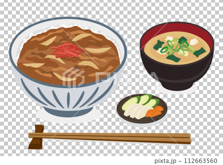 【ベクター】定番牛丼とみそ汁・お箸のランチイラストセット（白バック） 112663560