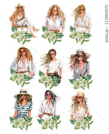 Watercolor fashion woman and white dahlia composition. Hand drawn illustration or a summer garden. Design for baby shower party, birthday, cake, holiday celebration design, greetings card,invitation. 112664072