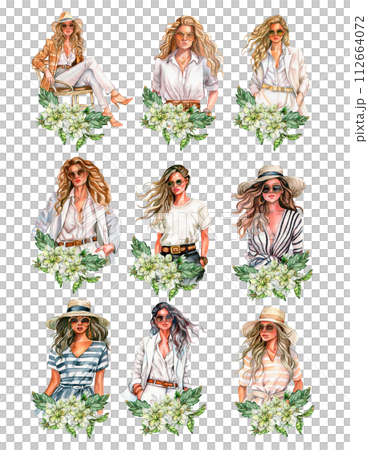 Watercolor fashion woman and white dahlia composition. Hand drawn illustration or a summer garden. Design for baby shower party, birthday, cake, holiday celebration design, greetings card,invitation. 112664072