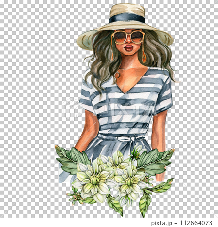 Watercolor fashion woman and white dahlia composition. Hand drawn illustration or a summer garden. Design for baby shower party, birthday, cake, holiday celebration design, greetings card,invitation. 112664073
