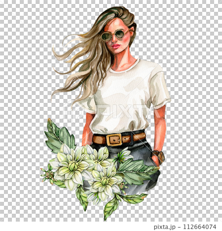 Watercolor fashion woman and white dahlia composition. Hand drawn illustration or a summer garden. Design for baby shower party, birthday, cake, holiday celebration design, greetings card,invitation. 112664074