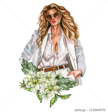 Watercolor fashion woman and white dahlia composition. Hand drawn illustration or a summer garden. Design for baby shower party, birthday, cake, holiday celebration design, greetings card,invitation. 112664076