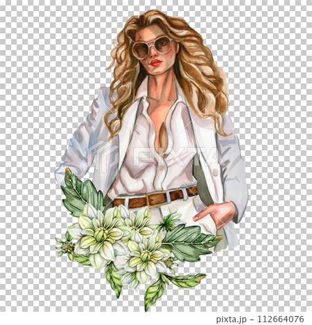 Watercolor fashion woman and white dahlia composition. Hand drawn illustration or a summer garden. Design for baby shower party, birthday, cake, holiday celebration design, greetings card,invitation. 112664076