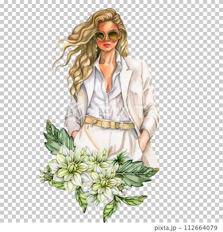 Watercolor fashion woman and white dahlia composition. Hand drawn illustration or a summer garden. Design for baby shower party, birthday, cake, holiday celebration design, greetings card,invitation. 112664079