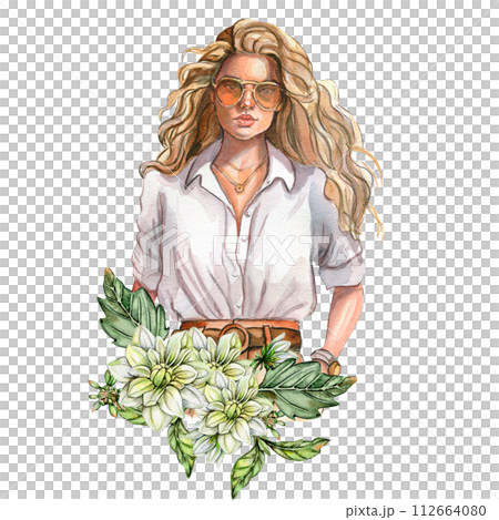Watercolor fashion woman and white dahlia composition. Hand drawn illustration or a summer garden. Design for baby shower party, birthday, cake, holiday celebration design, greetings card,invitation. 112664080
