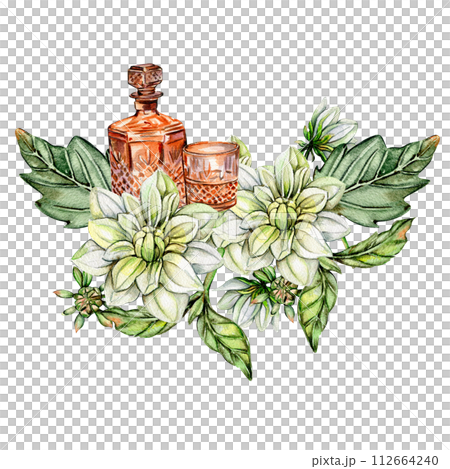 Watercolor rusty old elements and dahlia composition. Hand drawn illustration or a summer garden. Design for baby shower party, birthday, cake, holiday celebration design, greetings card,invitation. 112664240
