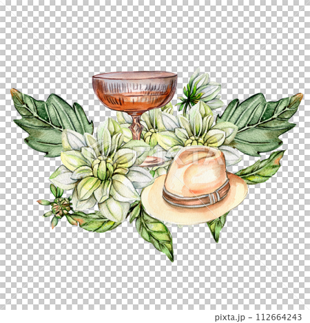 Watercolor rusty old elements and dahlia composition. Hand drawn illustration or a summer garden. Design for baby shower party, birthday, cake, holiday celebration design, greetings card,invitation. 112664243