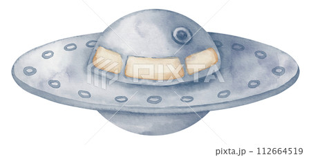UFO watercolor illustration. Hand drawn sketch of flying saucer on isolated background. Futuristic extraterrestrial cute spacecraft in pastel colors for baby design. Cosmic object for childish cards. 112664519