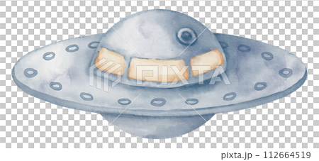 UFO watercolor illustration. Hand drawn sketch of flying saucer on isolated background. Futuristic extraterrestrial cute spacecraft in pastel colors for baby design. Cosmic object for childish cards. 112664519