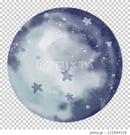Blue Planet watercolor illustration. Hand drawn sketch of cosmic object in a Space with stars in pastel dark and light colors. Painting with astronomical sphere for baby design on isolated background. Blue Planet watercolor illustration. Hand drawn sketch of cosmic object in a Space with stars in pastel dark and light colors. Painting with astronomical sphere for baby design on isolated background. 112664526