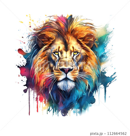Colorful lion head on clean background for Sublimation Printing, T-shirt Design Clipart, DTF DTG Printing, Wild Animals, Illustration, Generative AI. 112664562