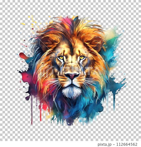 Colorful lion head on clean background for Sublimation Printing, T-shirt Design Clipart, DTF DTG Printing, Wild Animals, Illustration, Generative AI. 112664562