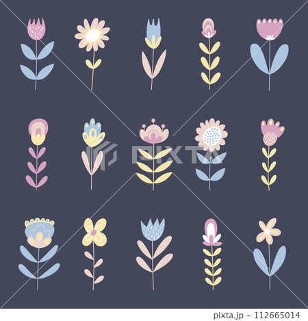 Beautiful spring flower collection with flowers, leaves, floral elements, branches. Vector icons, botanic set. 112665014