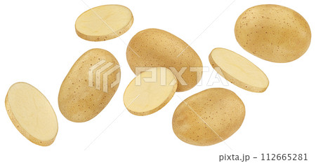 Falling potato slices isolated on white background with clipping path 112665281