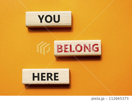 You belong here symbol. Wooden blocks with words You belong here. Beautiful orange background. Business and You belong here concept. Copy space. 112665373