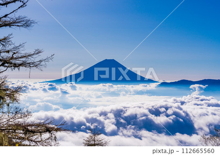 （山梨県）櫛形山の登山道から望む、大雲海に浮かぶ富士山  112665560