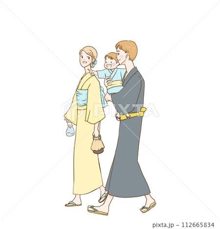浴衣を着た夫婦と男の子 112665834