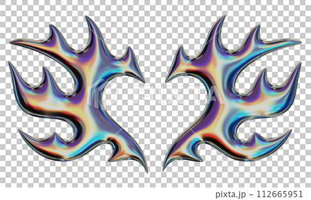 3D flame in the shape of wings and a heart. Trendy Y2K element. Iridescent colorful burning fire shape with glossy gradient effect. 3D render. Isolated illustration 112665951
