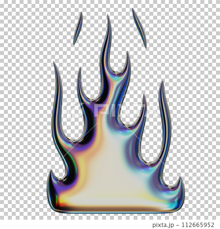 3D flame. Trendy Y2K element. Iridescent colorful burning fire shape with glossy gradient effect. 3D render. Isolated illustration 3D flame. Trendy Y2K element. Iridescent colorful burning fire shape with glossy gradient effect. 3D render. Isolated illustration 112665952
