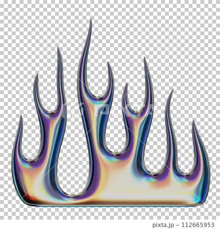 3D flame. Trendy Y2K element. Iridescent colorful burning fire shape with glossy gradient effect. 3D render. Isolated illustration 3D flame. Trendy Y2K element. Iridescent colorful burning fire shape with glossy gradient effect. 3D render. Isolated illustration 112665953