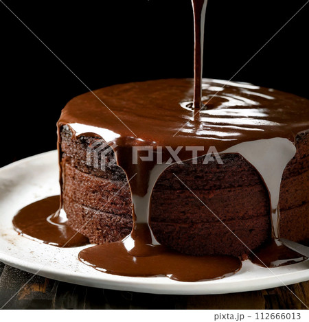 濃厚なチョコレートケーキに溶かしたチョコレートをかける瞬間 112666013