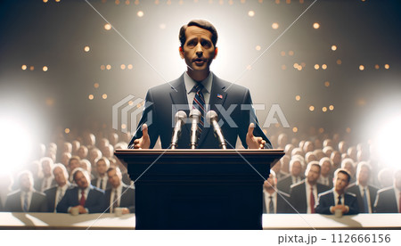 Speaker on the Podium Giving a Speech. Politician Delivering Speech at Campaign Rally 112666156