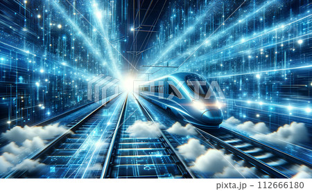 Futuristic High-Speed Train in Digital Data Stream on Railway. High Speed Internet and WIFI Visualization Concept. 112666180