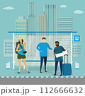 Modern public transport stop and different people travellers 112666632