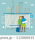 Modern public transport stop and couple of travellers with paper map 112666635