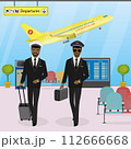 Cabin crew walks on an modern airport with luggage,pilots in uniform, 112666668