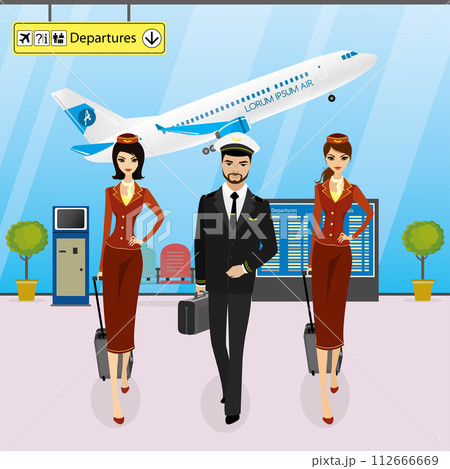 Cabin crew walks on an airport with luggage,pilot and stewardess Cabin crew walks on an airport with luggage,pilot and stewardess 112666669